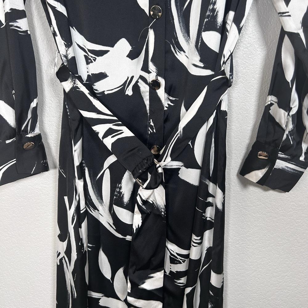 ZARA Floral Midi Derby Dress Womens Satin Floral Belted Black White Small NWT - Picture 4 of 9